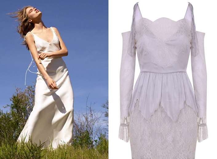 Topshop's summer 17 range includes this satin tie shoulder dress for £350, left, and the lace Bardot bridal dress at £450, right
