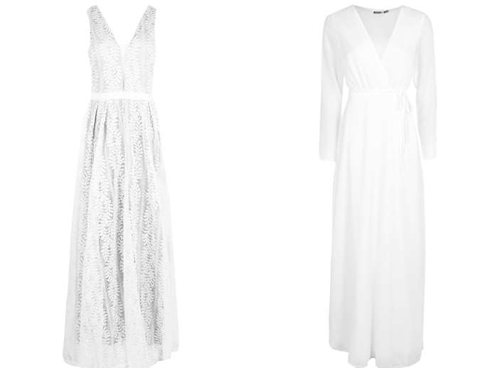 Ali all lace plunge neck maxi dress, left, £45. Dora chiffon long sleeved wrap maxi dress, £30. Both at Boohoo - www.boohoo.com